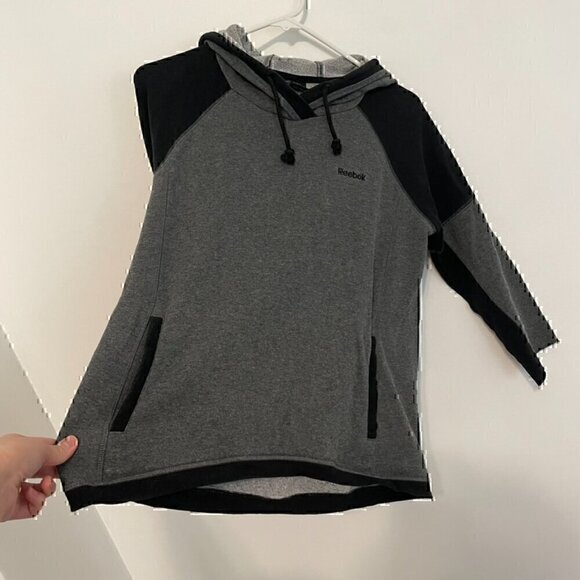 REEBOK Dark Gray Black Colorblock 3/4 Sleeve Pullover Hoodie Sweatshirt ALTERED - Picture 6 of 13